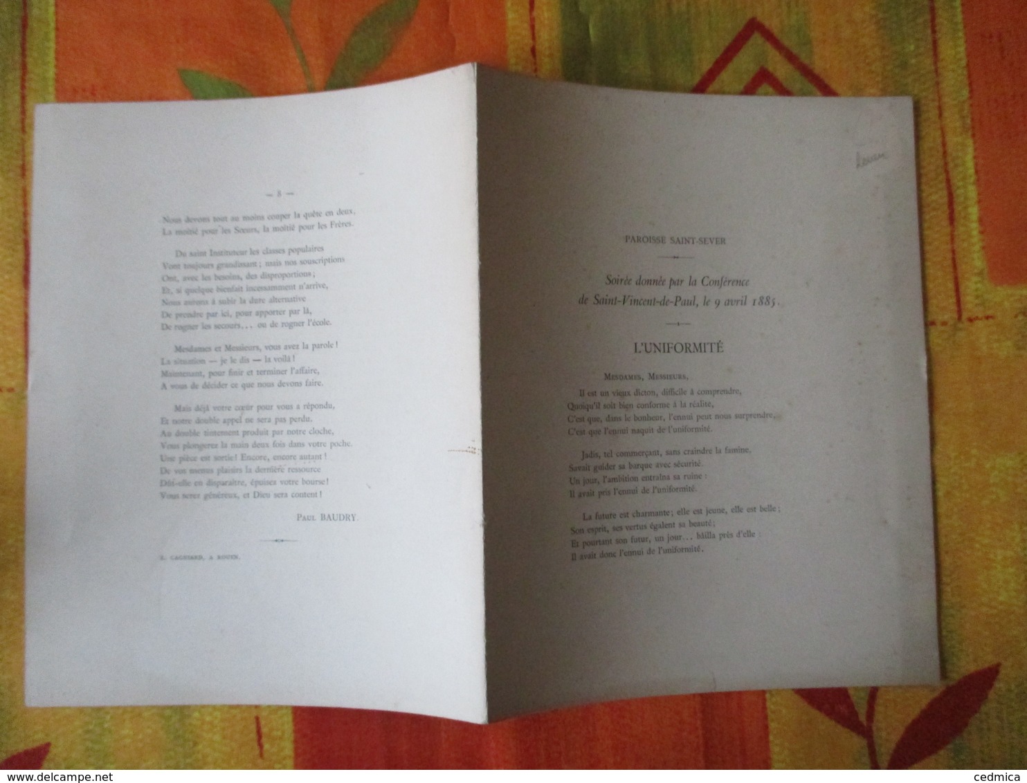 PAROISSE SAINT-SEVER SOIREE DONNEE PAR LA CONFERENCE DE SAINT VINCENT DE PAUL LE 9 AVRIL 1885 PAUL BAUDRY L'UNIFORMITE - Französische Autoren