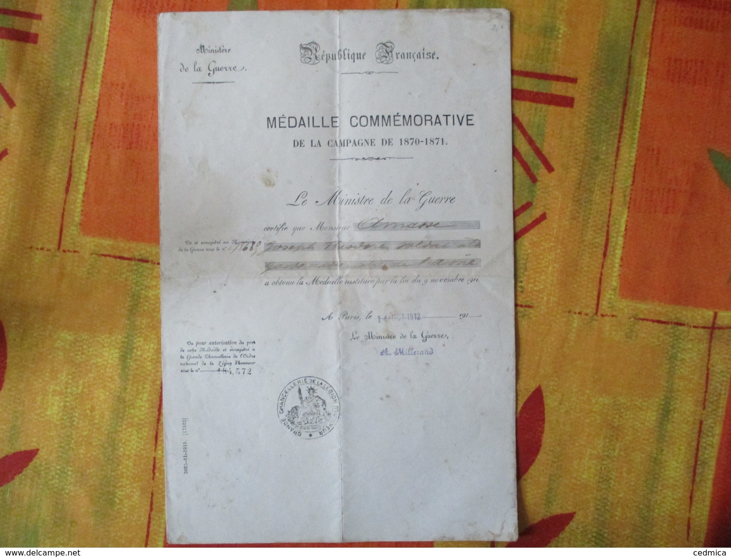 MEDAILLE COMMEMORATIVE DE LA CAMPAGNE DE 1870-1871 MINISTERE DE LA GUERRE REPUBLIQUE FRANCAISE 14 OCT 1912 GRANDE CHANCE - Documents