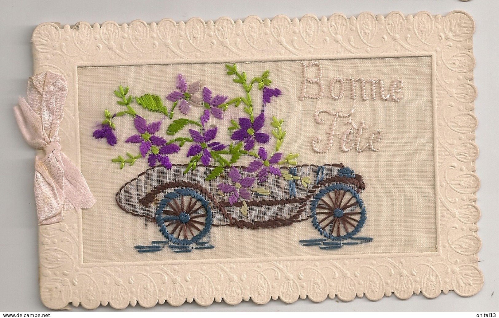 CARTE BRODEE /  VOITURE / FLEURS / BONNE FETE   B2080 - Embroidered