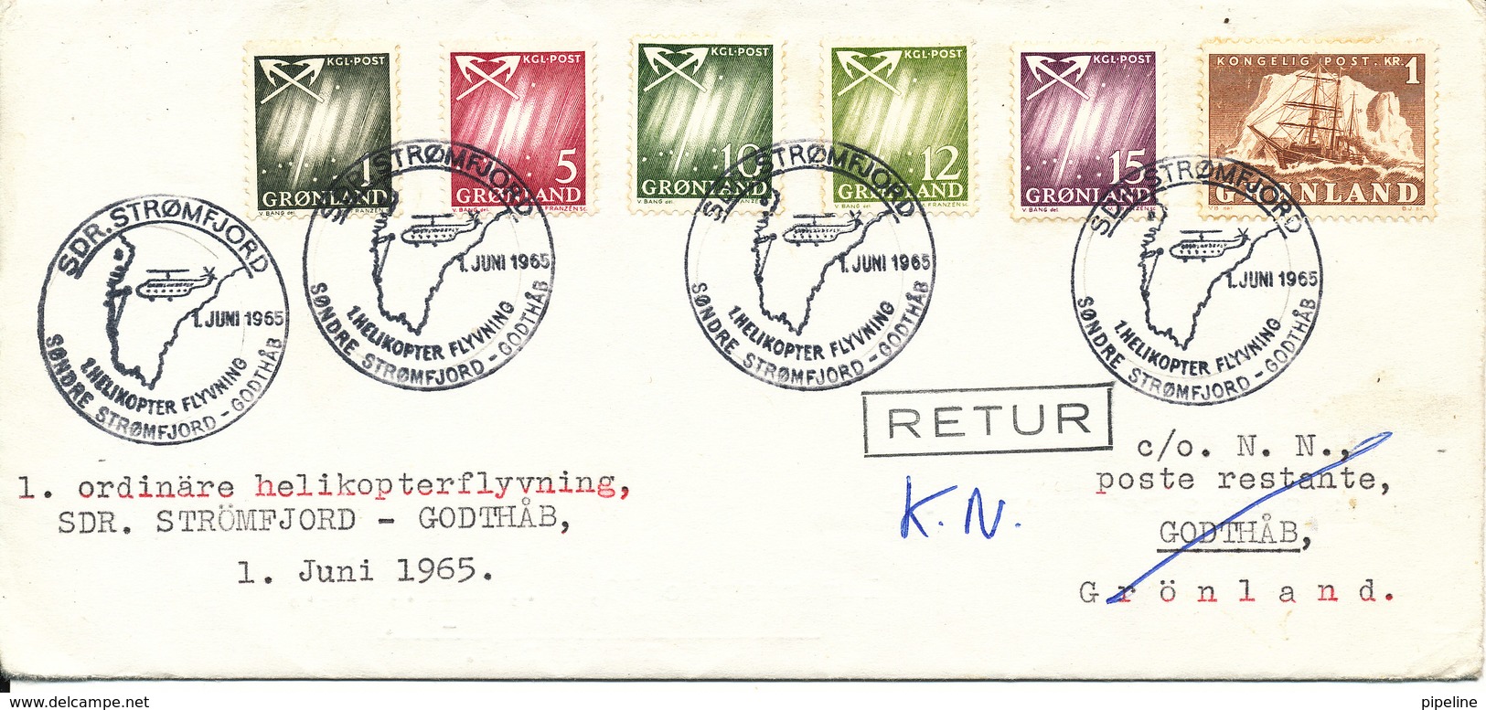 Greenland Cover First Helicopter Flight Sdr. Stromfjord - Godthaab 1-6-1965 - Lettres & Documents