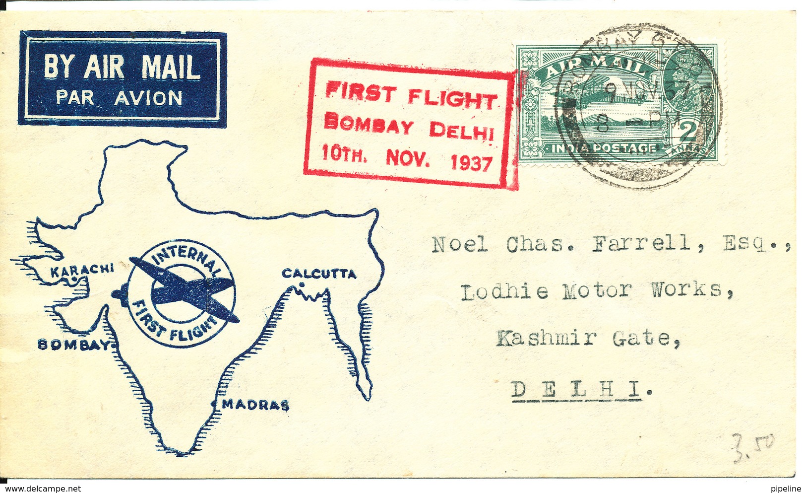 India Air Mail Cover First Flight Bombay - Delhi 10-11-1937 (cover In Excellent Condition) - Luftpost