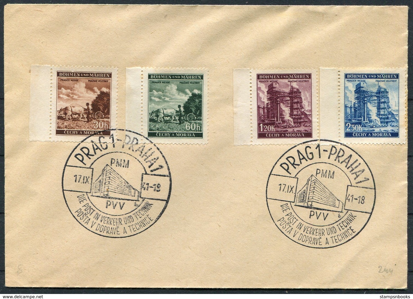 Bohemia And Moravia 30h, 60h, 1.20K And 2.50K Prague Fair 1941 Prag 1-Praha 1, Die Post In Verkehr Und Technik Cover - Covers & Documents