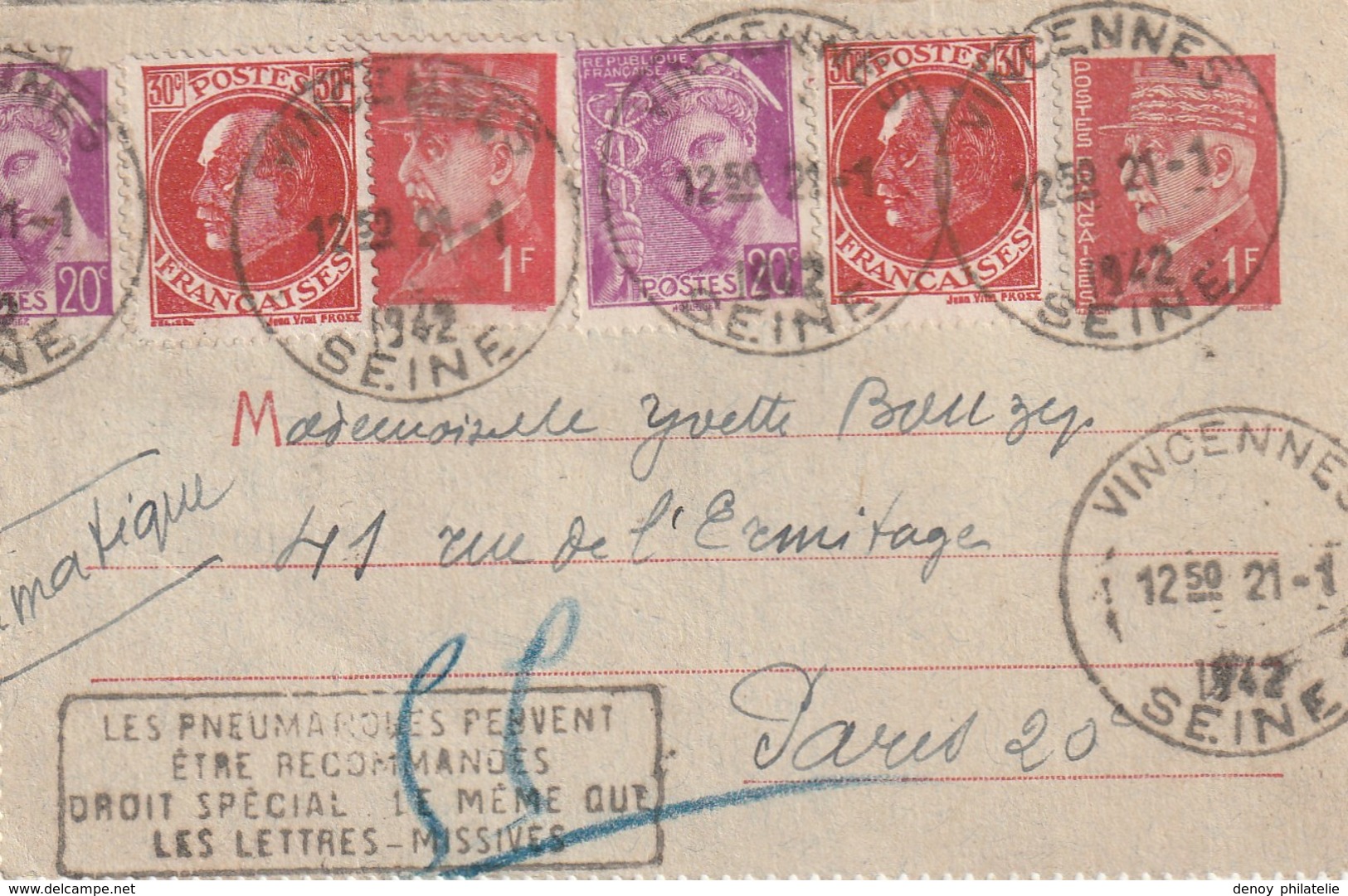 Devant Entier Postal Petain Pneumatique 1942 - Cartes-lettres