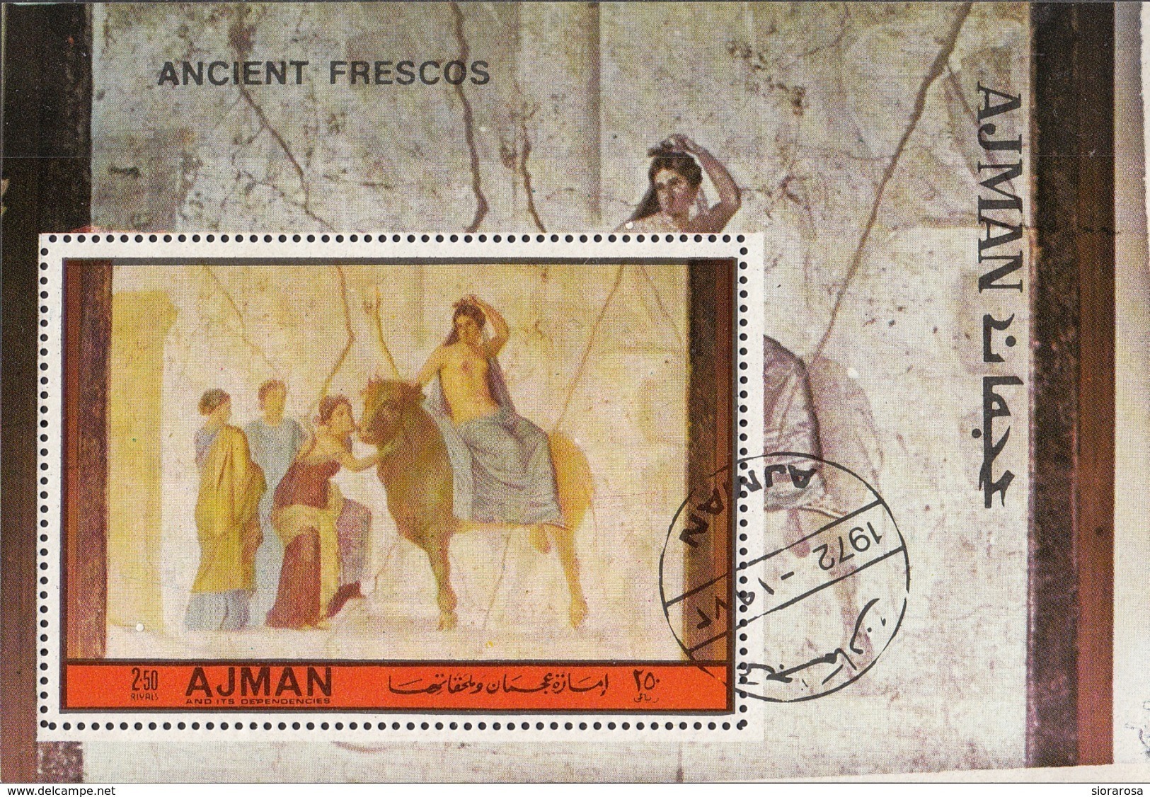 Ajman 1972 Bf. Mitologia Greca Europa Toro Zeus Affresco Pompei Sheet Perf. CTO - Ajman