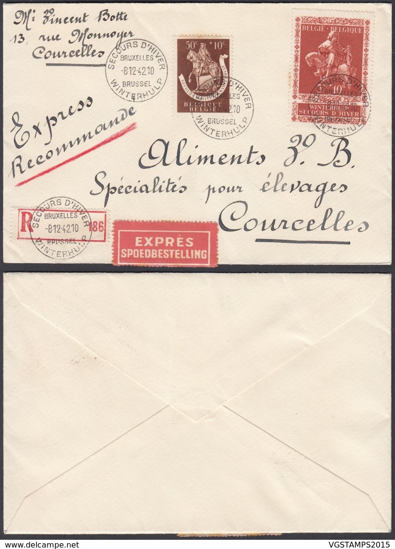 BELGIQUE COB 605+612 SUR LETTRE RECOMMANDE EXPRES OBL "SECOURS D'HIVER " 08/12/1942 VERS COURCELLES (DD) DC-6198 - Lettres & Documents