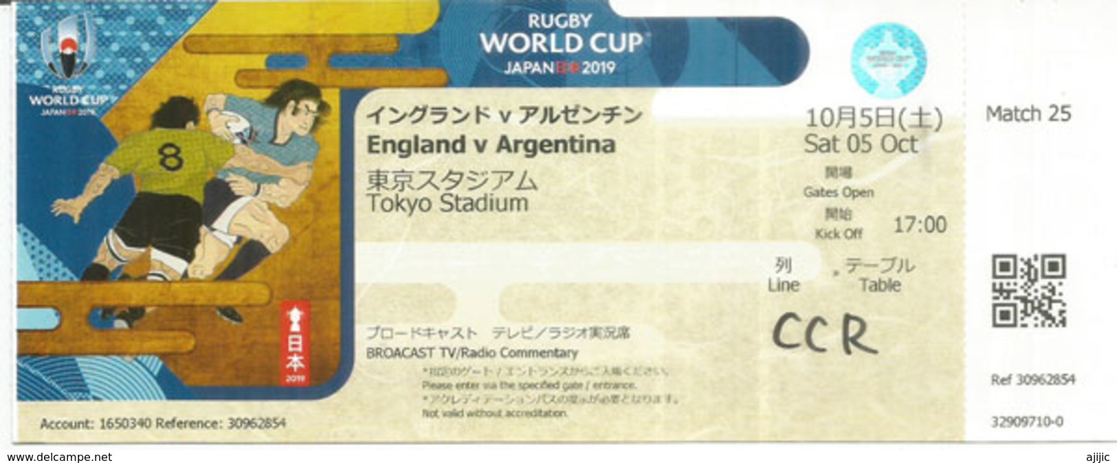 Match ENGLAND-ARGENTINA.Rugby World Cup Japan 2019.Ticket 5 Oct.Tokyo Stadium.Broadcast TV/Radio Entry Ticket - Rugby