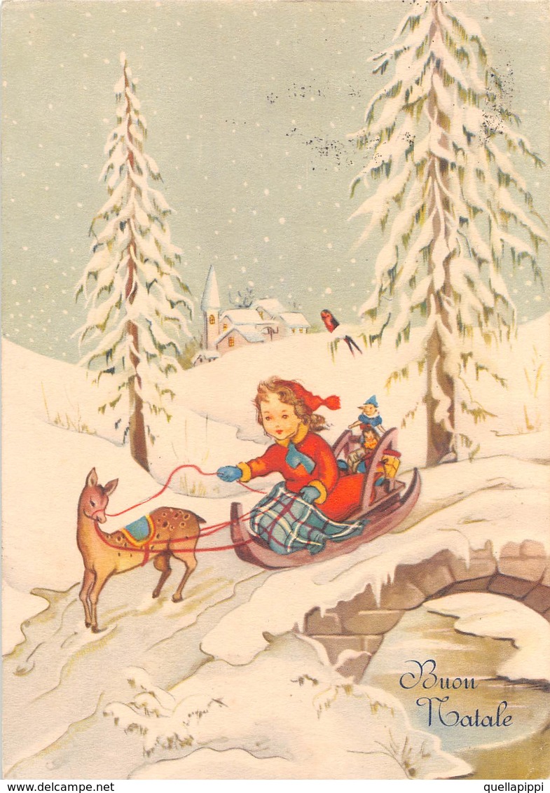 09782 "BUON NATALE" BAMBINA, PAESAGGIO, NEVE, UCCELLINO, CERBIATTO, SLITTA, DONI PINOCCHIO.  CART SPED 1958 - Autres & Non Classés