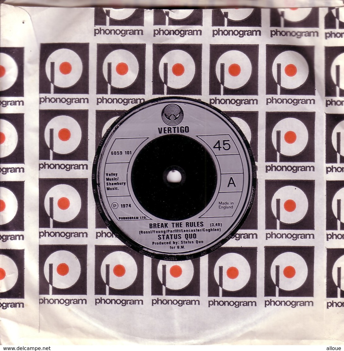 STATUS QUO 45 R.P.M UK 1974 - BREAK THE BLUES + LONELY NIGHT - Rock