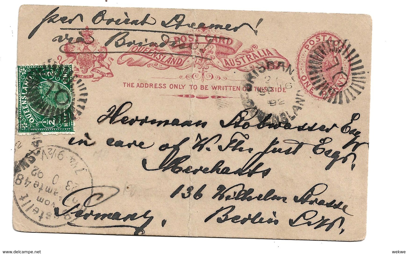 QLD022 / AUSTRALIEN - QUEENSLAND - Ganzsache Aufgewertet 1892 Brisbane Nach  Deutschland, Berlin, - Brieven En Documenten