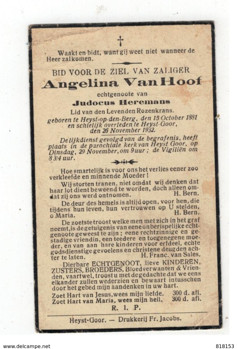 DP Angelina Van Hoof Geb.Heist O-d Berg 1881 Echtgen. V Judocus Heremans,gestorv.Heist Goor 1932 - Religion & Esotericism