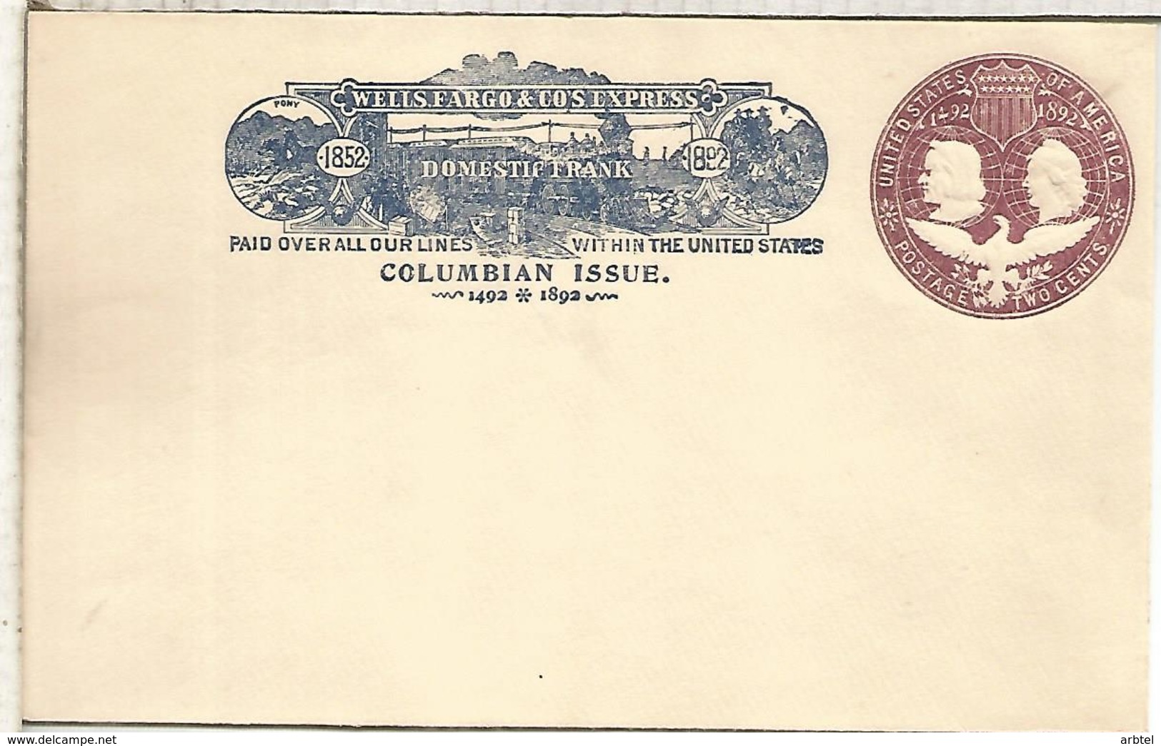 ESTADOS UNIDOS USA 1892 ENTERO POSTAL WELLS FARGO EXPRESS FERROCARRIL RAILWAY - Treinen