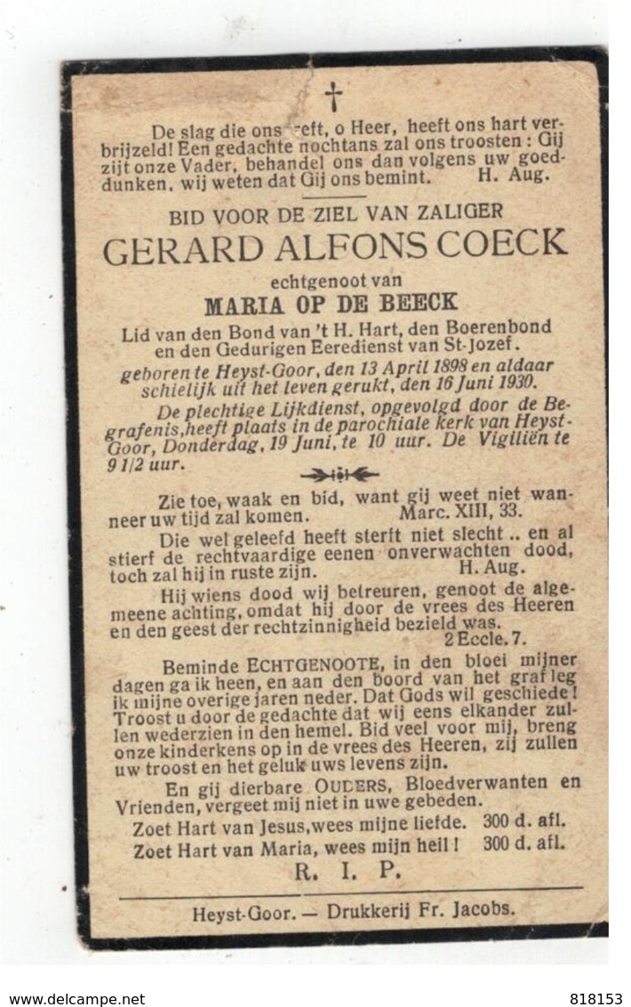 DP GERALD ALFONS COECK Geb.Heist-Goor 1898 Echtgen. V MARIA OP DE BEECK,gestorv.Heist Goor 1930 - Religion & Esotericism