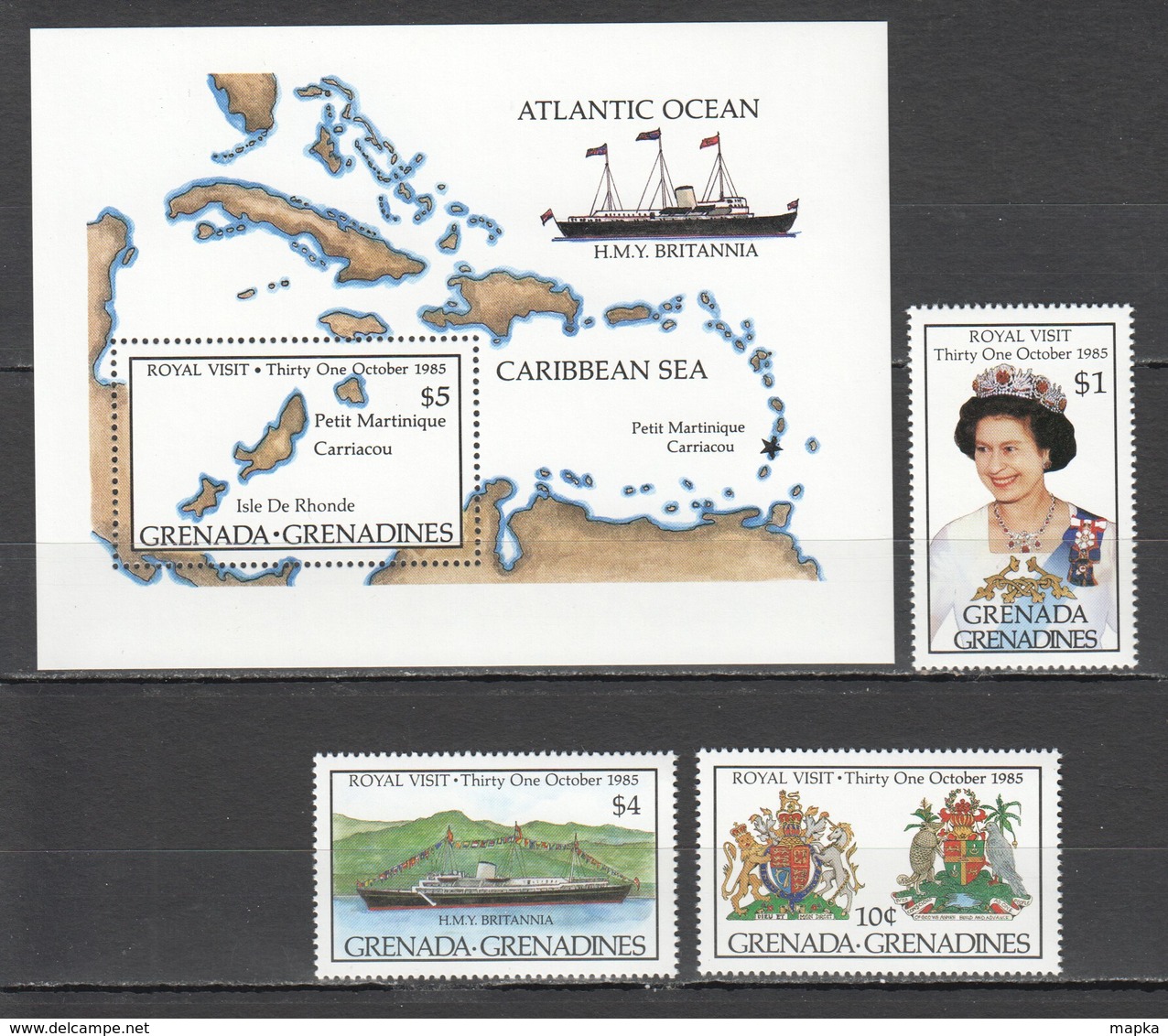 D509 1985 GRENADA GRENADINES SHIPS VISIT ELIZABETH #713-5 MICHEL 15,5 EURO BL+SET MNH - Königshäuser, Adel