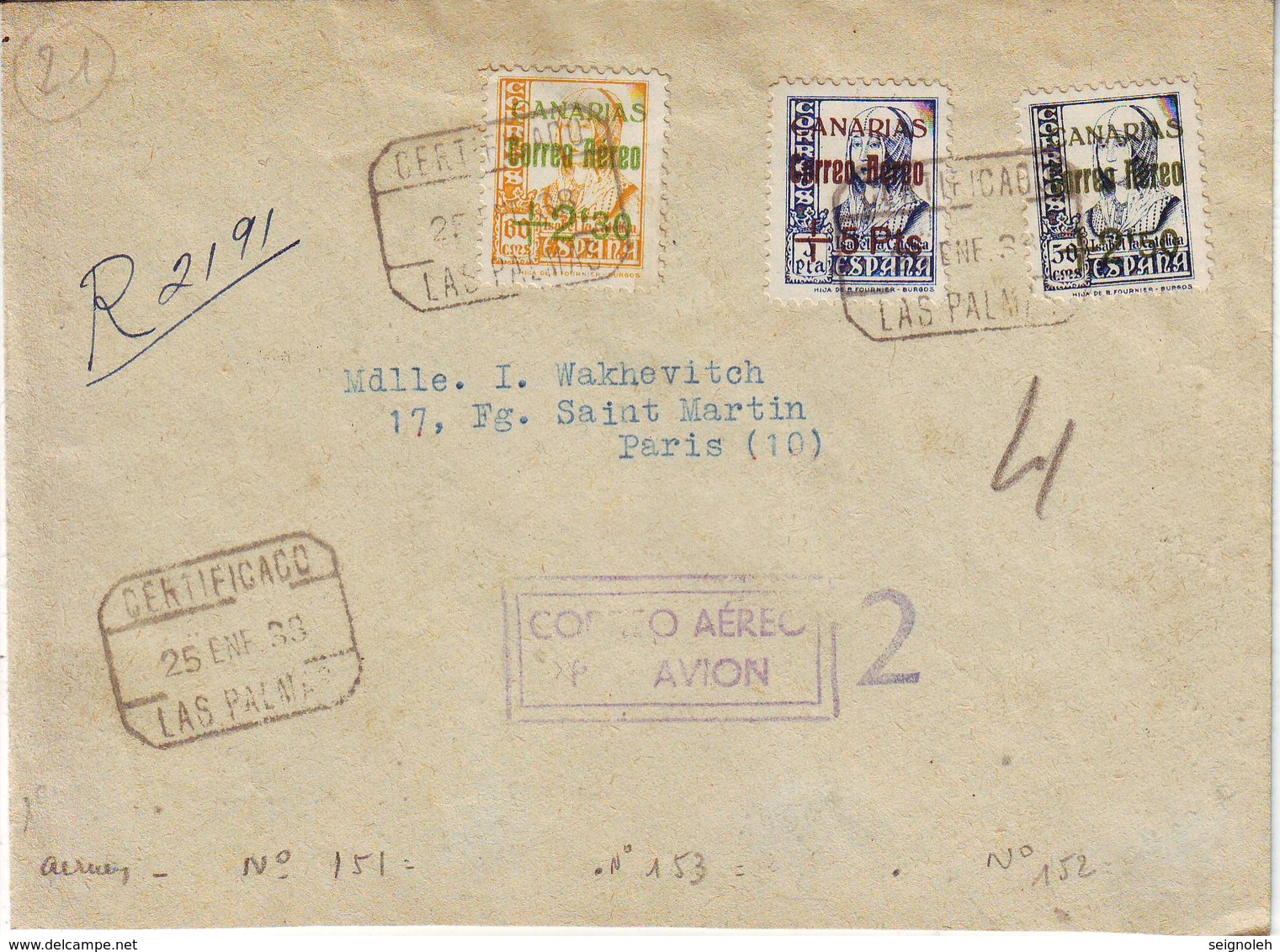 ESPAGNE CORREO AERO N° 151 à 153 Obl LAS PALMAS Sur Lettre Recommande Pour La France RARE !!!!, Censure , Espana , Spain - Lettres & Documents