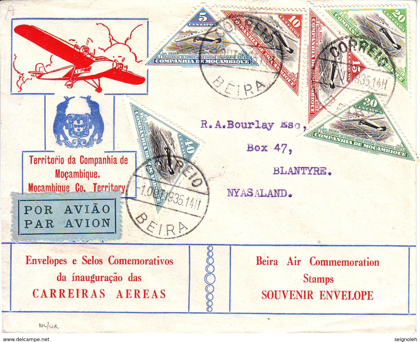 JOLIE Lettre PAR AVION De BEIRA MOZAMBIQUE Pour BLANTYRE NYASYLAND , 1935 !!! Courrier Rare !!!! - Mozambique