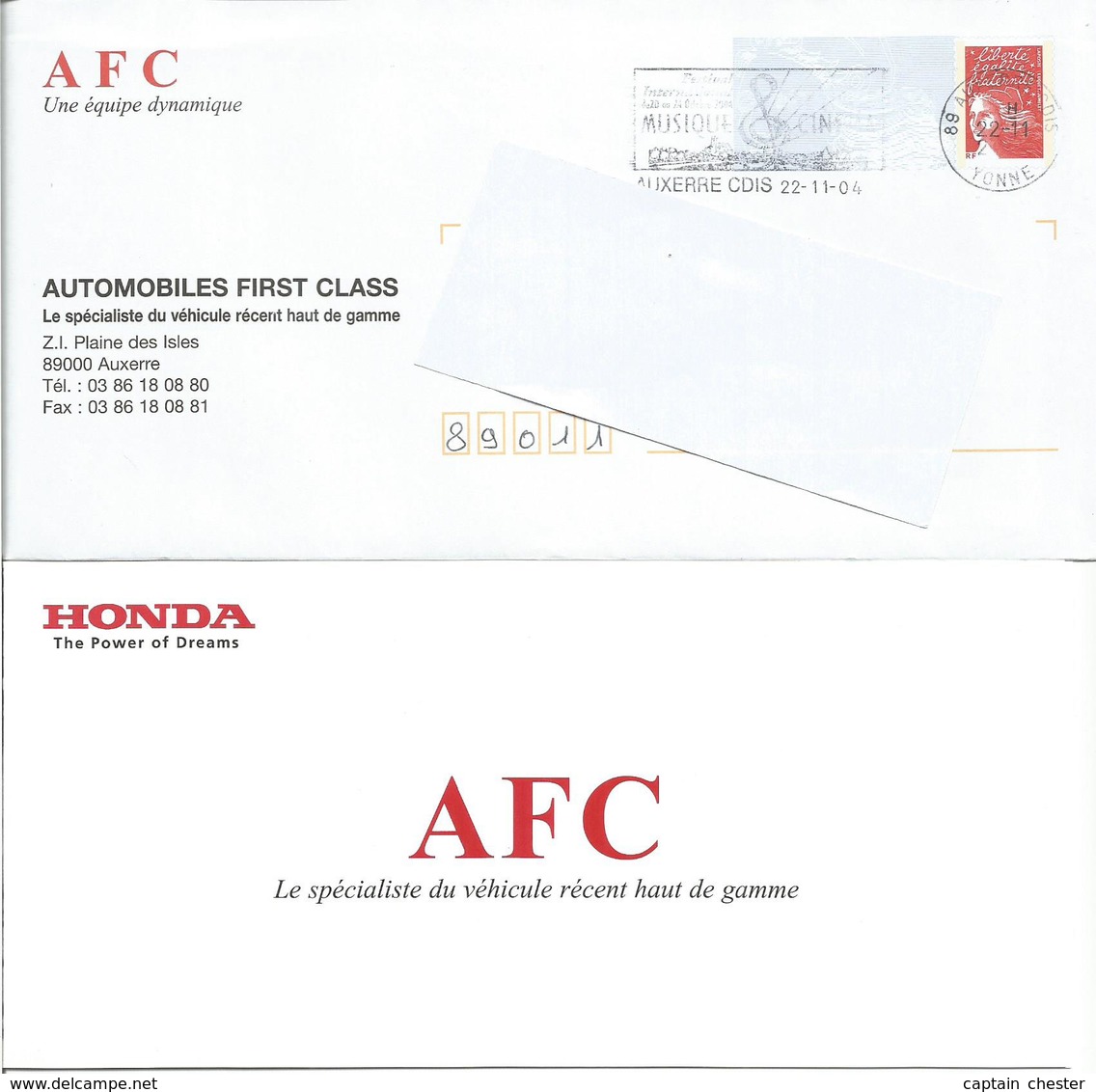 Prêt à Poster PAP " Automobiles First Class AFC HONDA " Oblitéré 2004 ( Rep. Luquet) - Prêts-à-poster:private Overprinting