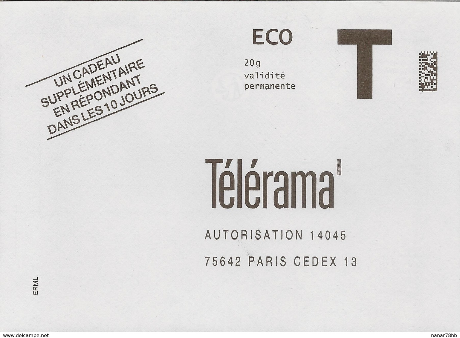 Enveloppe T Eco 20gr Télérama - Overprinted Covers (before 1995)