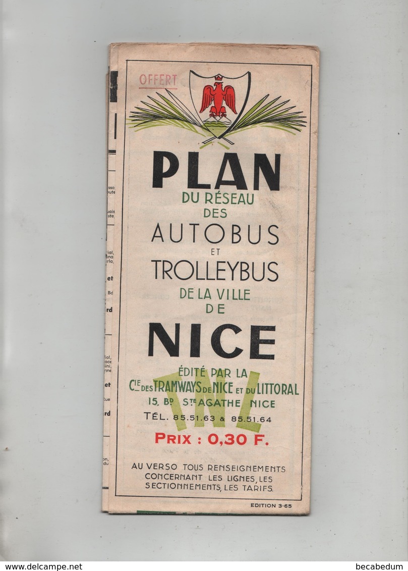 Plan Du Réseau Des Autobus Et Trolleybus Nice 1965 Lignes TNL Avec Publicités - Europa