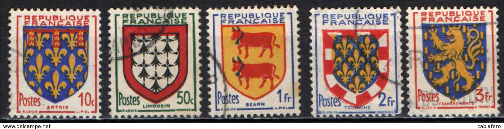 FRANCIA - 1951 - STEMMI DI PROVINCE FRANCESI: ARTOIS, LIMOUSIN, BEARN, TOURAINE, FRANCHE-COMTE - USATI - Usati