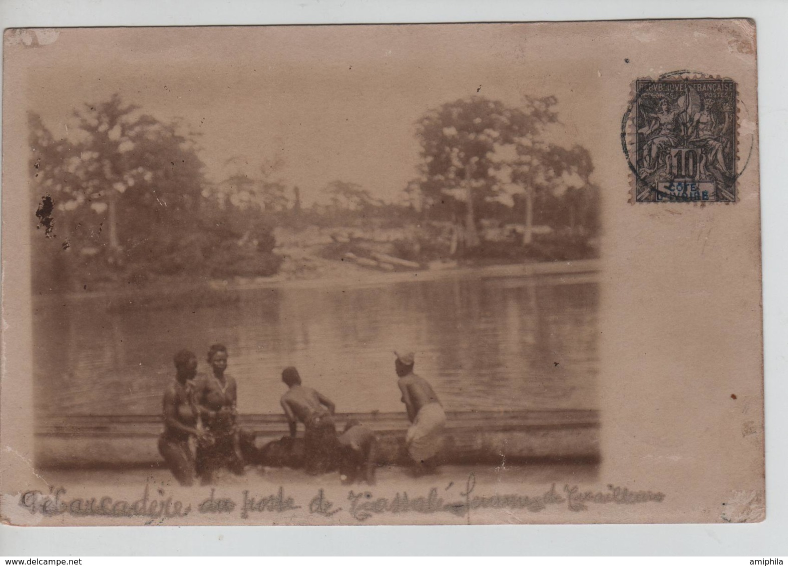 CBPNCPCF3/ Côte-D'Ivoire CP Photo Débarcadère Du Poste De Tiassalé Animée Pirogue - Ivory Coast