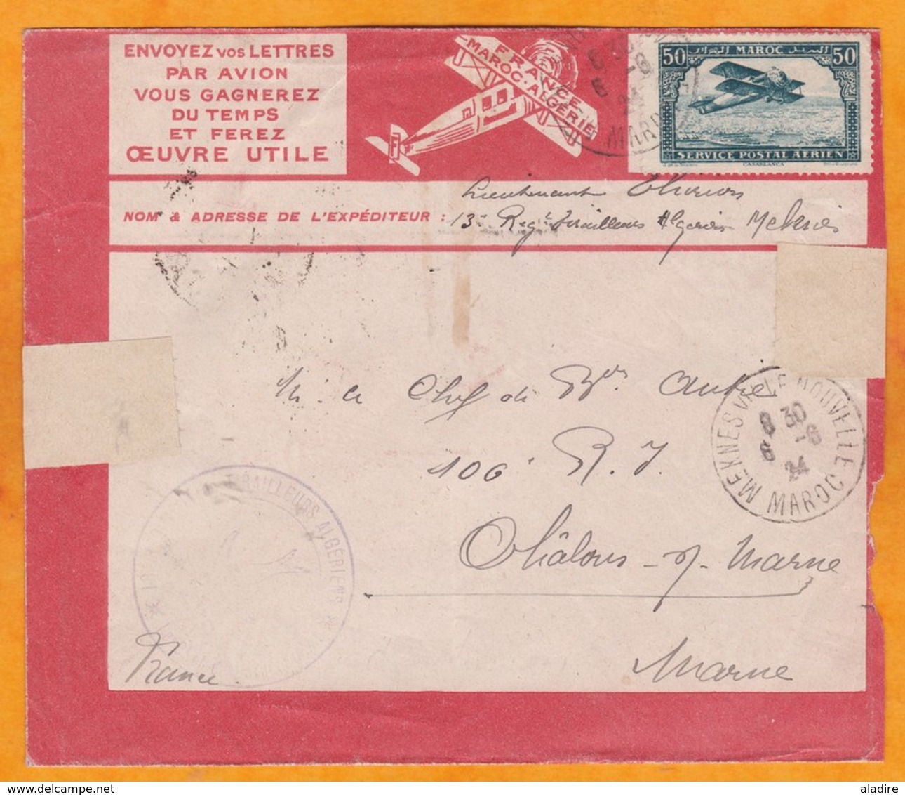 1924 - Enveloppe Par Avion Précurseur Latecoere De Meknes  Vers Chalons Sur Marne, France  Via Rabat - Lettres & Documents