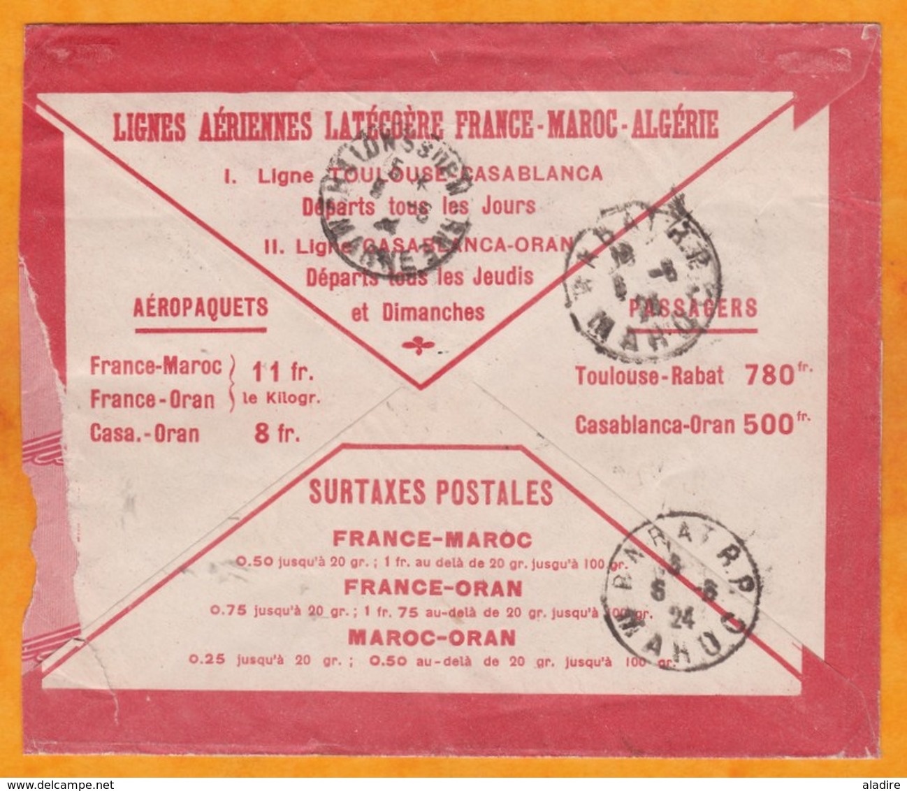 1924 - Enveloppe Par Avion Précurseur Latecoere De Meknes  Vers Chalons Sur Marne, France  Via Rabat - Lettres & Documents