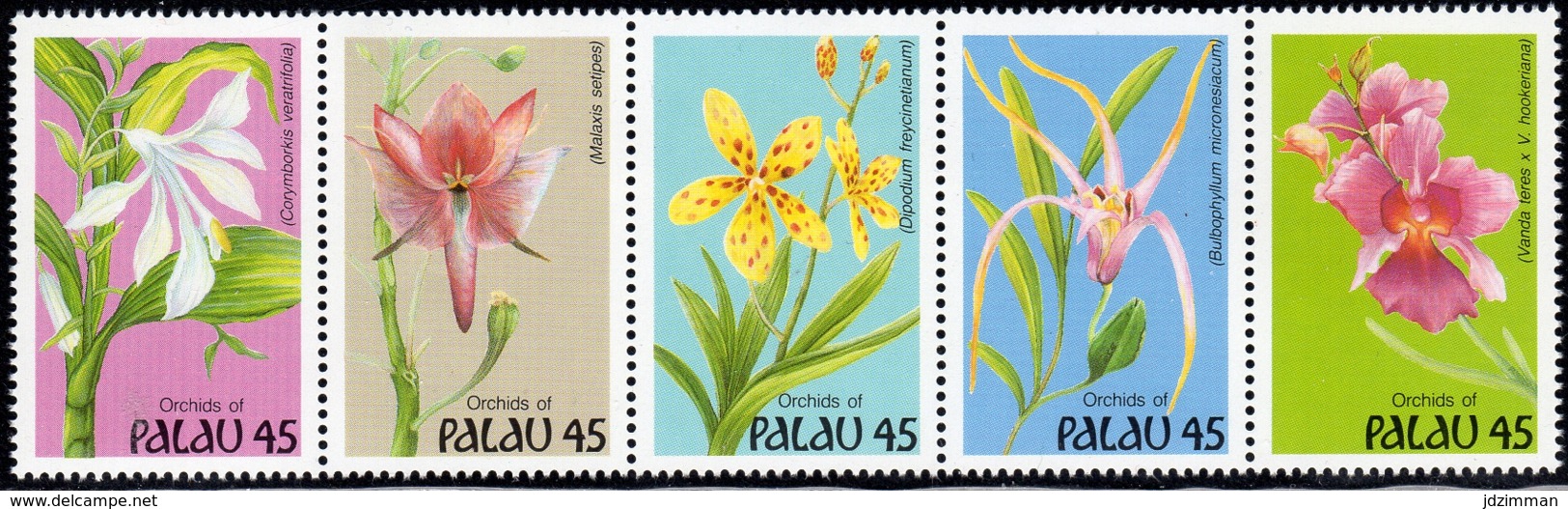 Palau, Scott 2019 No. 241a, Issued 1990, Strip Of 5, MNH, Cat. $ 5.00, Flowers/Orchids - Palau