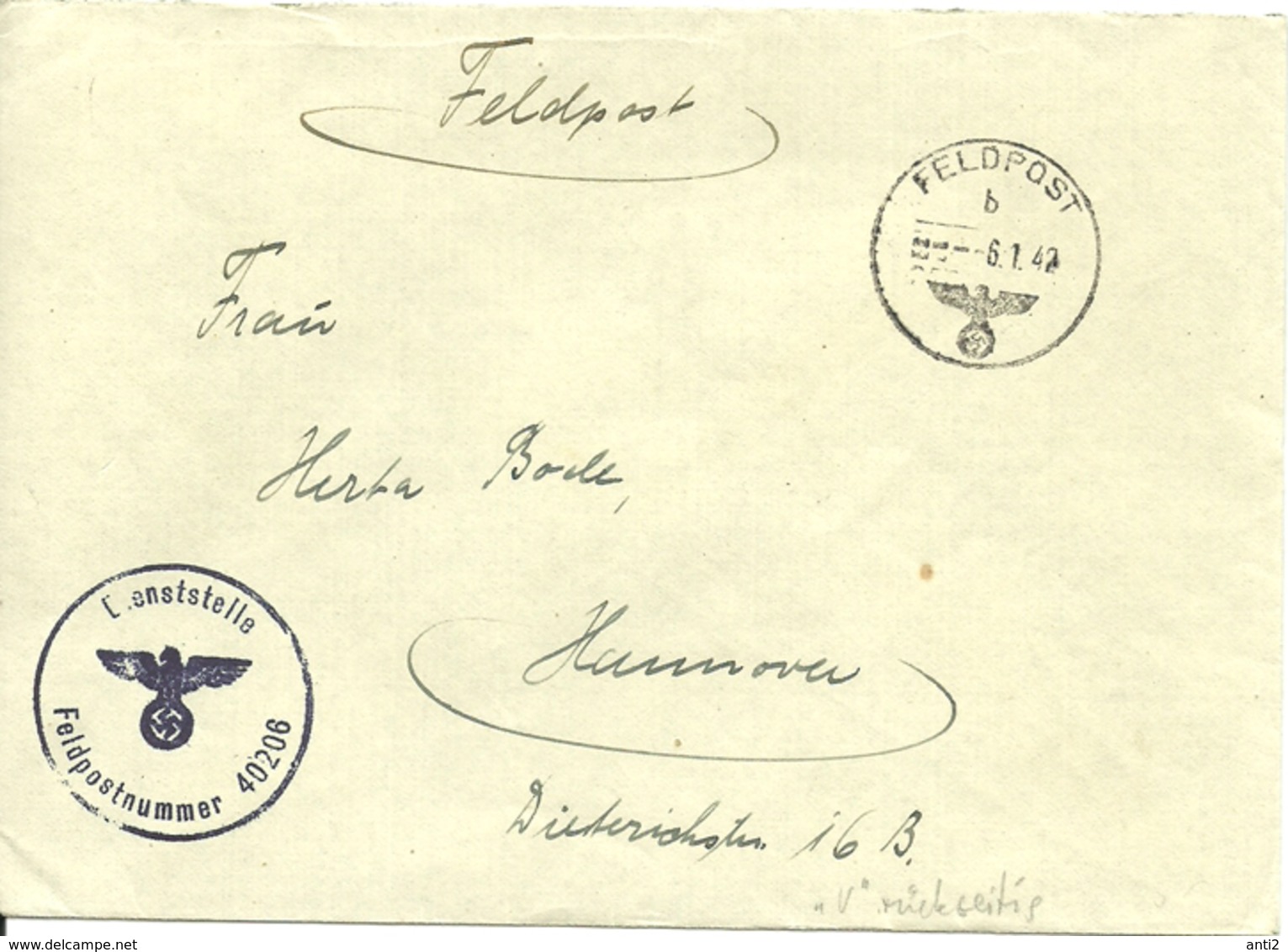 Germany 1942   Cover Feldpost   6.1.42    Feldpostnr 40206 - Lettres & Documents