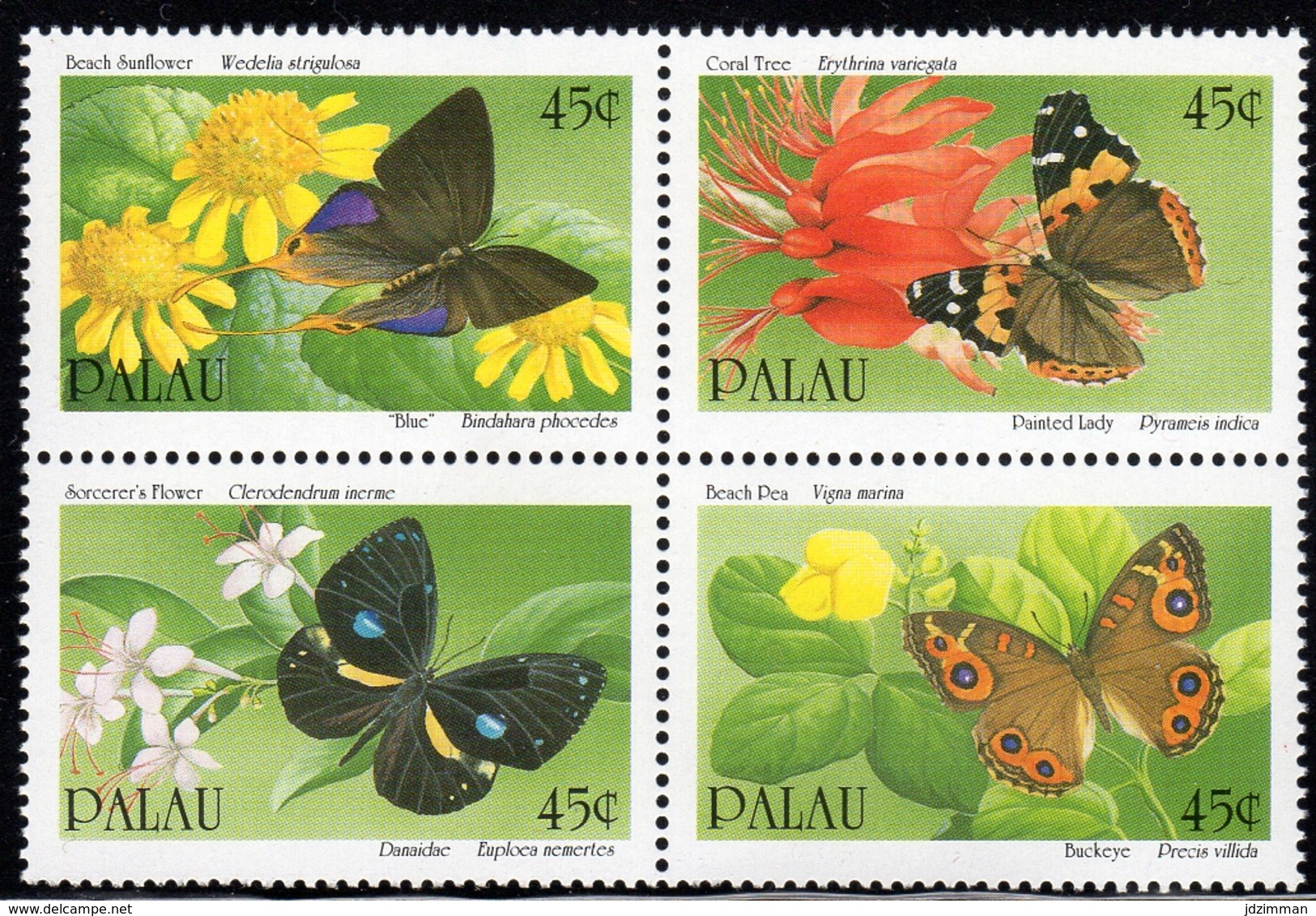 Palau, Scott 2019 No. 245a, Issued 1990, Block Of 4, MNH, Cat. $ 3.75, Flowers/Butterflies - Palau
