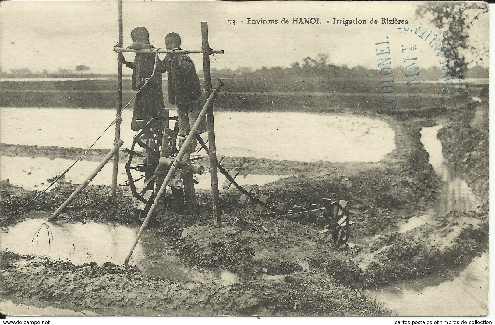 * Environs De Hanoï , Irrigation De Rizières , CPA ANIMEE , 1916 + Cachet Militaire - Vietnam