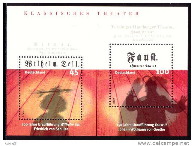 Theater - Germany 2004 - Souvenir Sheet Mi. Bl. 65 ** MNH - SCHILLER V., GOETHE V., "Wilhelm Tell" , "Faust II" - Schriftsteller