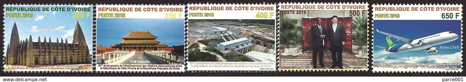 Côte D'Ivoire Ivory Coast 2018 China Diplomatic Relations Xi Jinping Hydrodam Temple Mosque Airplane Mint Set - Mosques & Synagogues