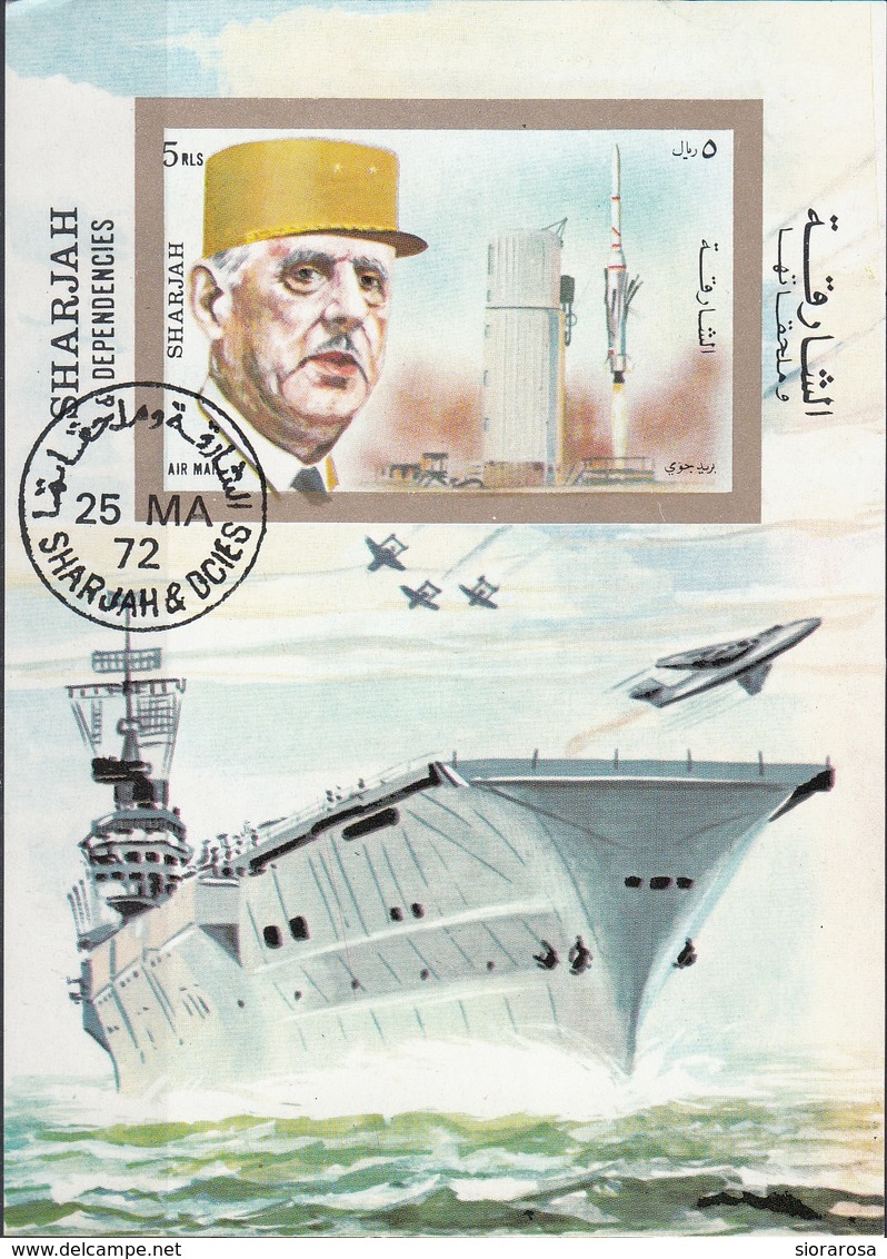 Sharjah 1972 Bf. 96B De Gaulle Sheet Imperf. CTO Portaerei - Seconda Guerra Mondiale