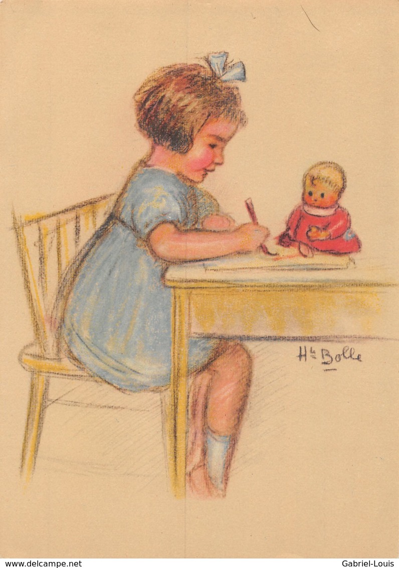 Pastèl Henriette Bolle Artiste Morgienne (1885-1957) - Morges  - Portrait Petite Fille Qui écrit Avec Poupée (10X15) - Port