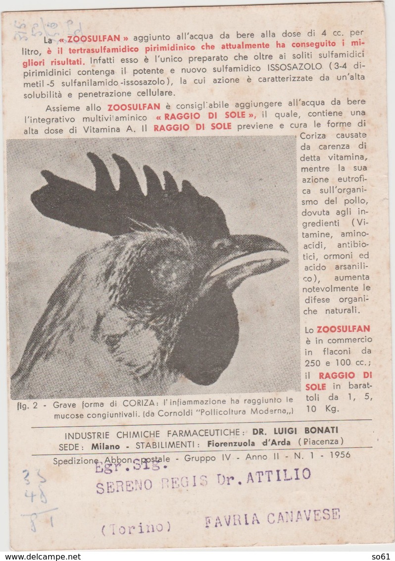 8634.  La Coriza - Malattia Dei Polli - Per Dr. Di Favria Canavese Torino - Cartoncino 15x10  Industrie Fiorenzuola Arda - Non Classificati