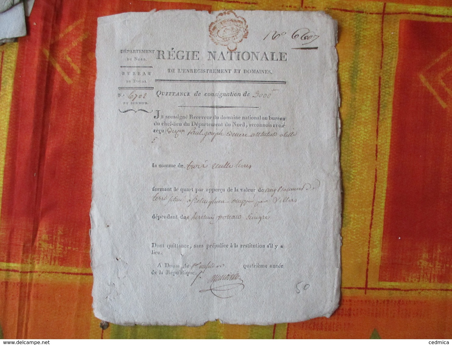 CACHET ROUGE EXTRAORDINAIRE MINUTE SUR QUITTANCE REGIE NATIONALE DOUAI DU 1er MESSIDOR AN QUATRIEME DE LA REPUBLIQUE - Matasellos Generales