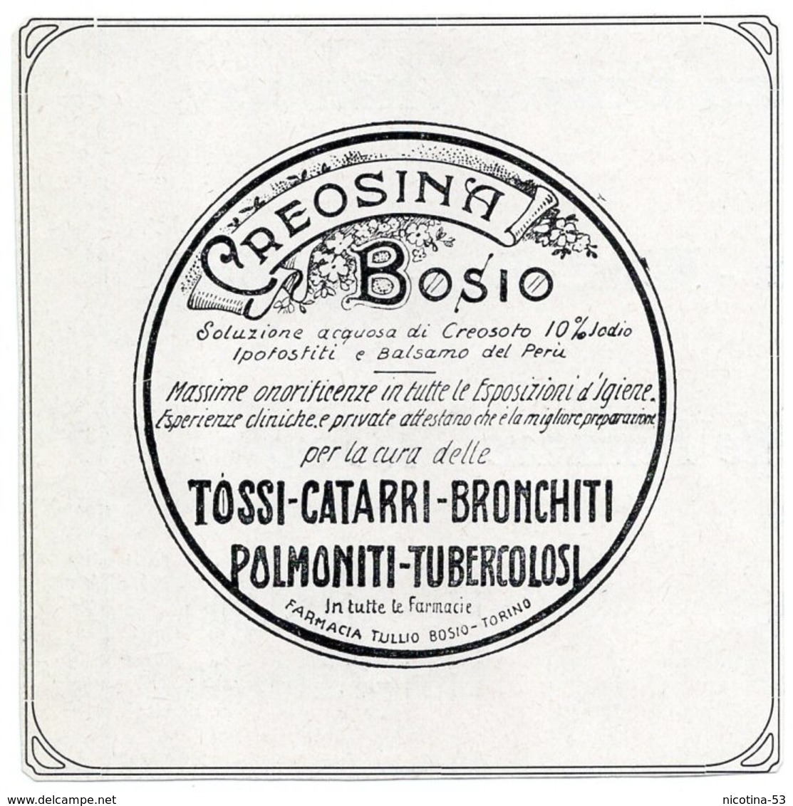 IT--00124-- PUBBLICITA'  " CREMOSINA BOSIO " TOSSI CATARRI BRONCHITI POLMONITI TUBERCOLOSI TORINO - Altri & Non Classificati