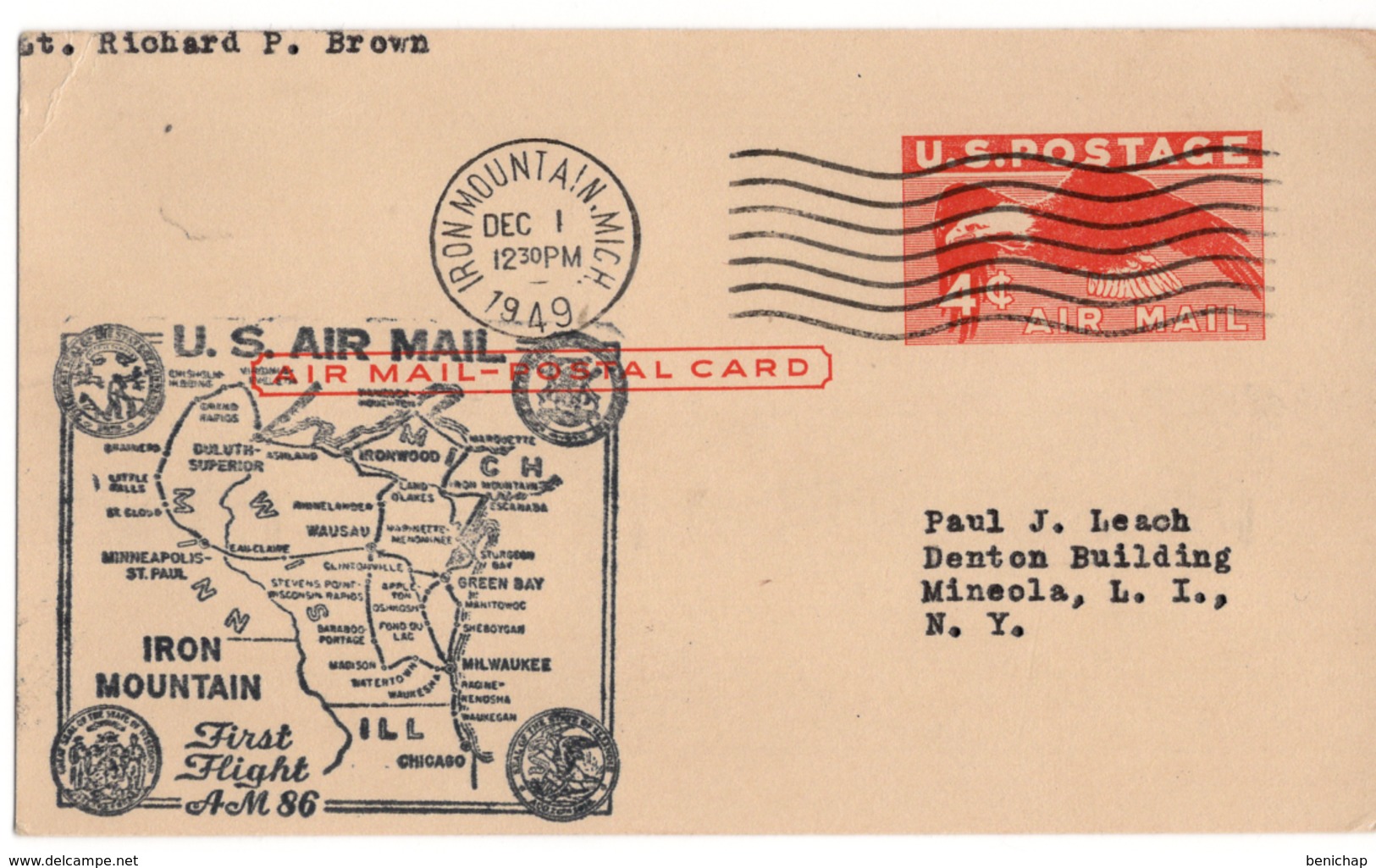 (R59) 4 C EAGLE AIR MAIL - FIRST FLIGHT AM 86 - IRON MOUNTAIN - HOUGHTON - MICH - 1949. - 1941-60