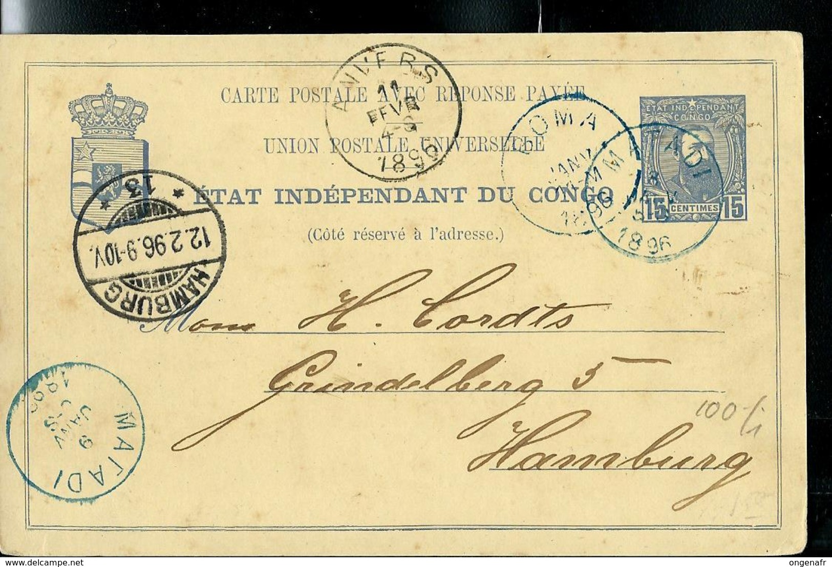 Carte Obl. N° 13 B   Obl. Matadi 09/01/1896 (124 Ans)  Via Anvers 11/02 Vers Hambourg 12/02/96 - Entiers Postaux