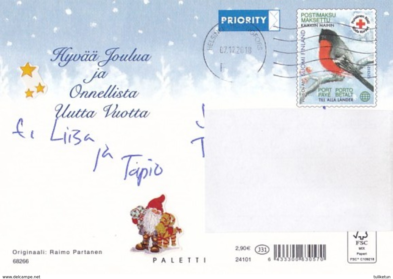 Postal Stationery - Bird - Bullfinch - Elf Looking Inside The Window - Red Cross 2018 - Suomi Finland - Postage Paid - Ganzsachen