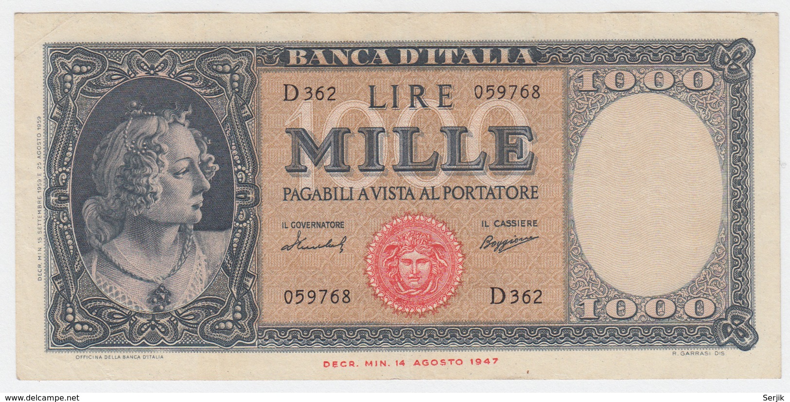 Italy 1000 Lire 1959 VF++ Banknote Pick 88c 88 C - 1000 Lire