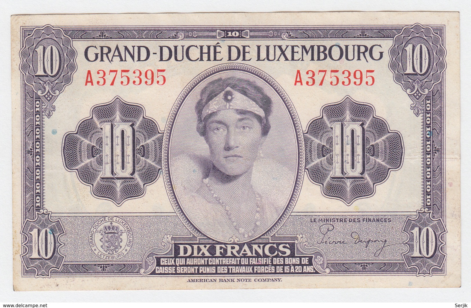 LUXEMBOURG 10 FRANCS 1944 VF+ Pick 44 - Luxembourg