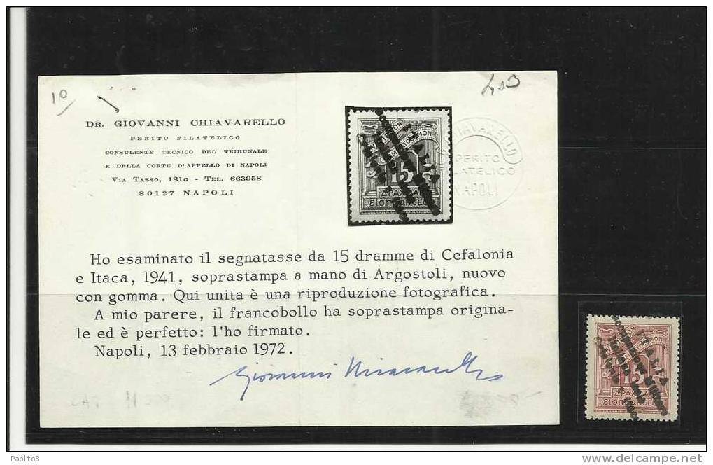 CEFALONIA E ITACA ITHACA 1941 SEGNATASSE TAXE TASSE TAX TAXES DUE 15 D MNH CERTIFICATO RARISSIMO - Cefalonia & Itaca