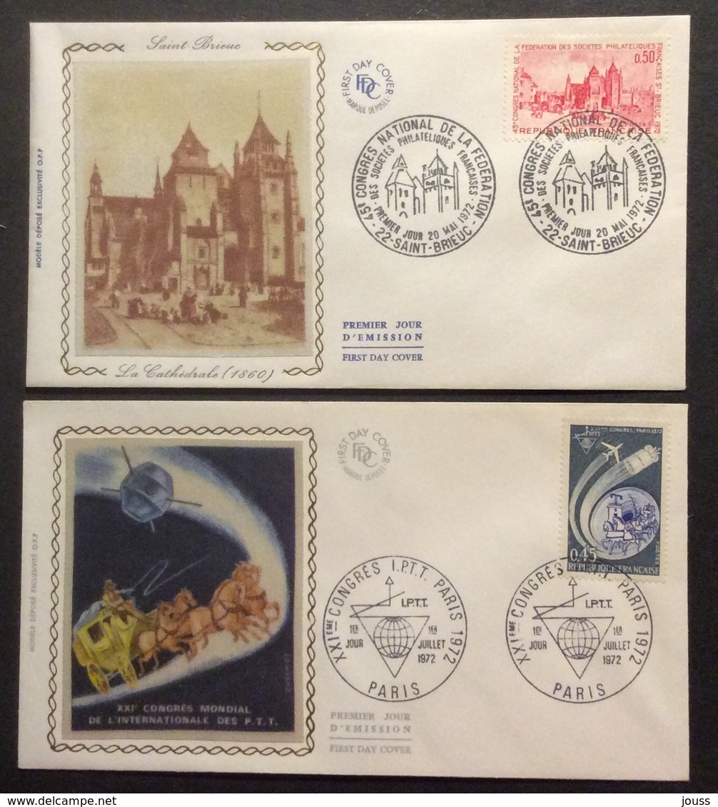 0414 Cyclistes 1724 Donneurs Sang Flamme 1716 St Brieuc 1718 Tourisme 1723 I.P.T.T. 1721 FDC Premier Jour 1972  Lot 5 - 1970-1979