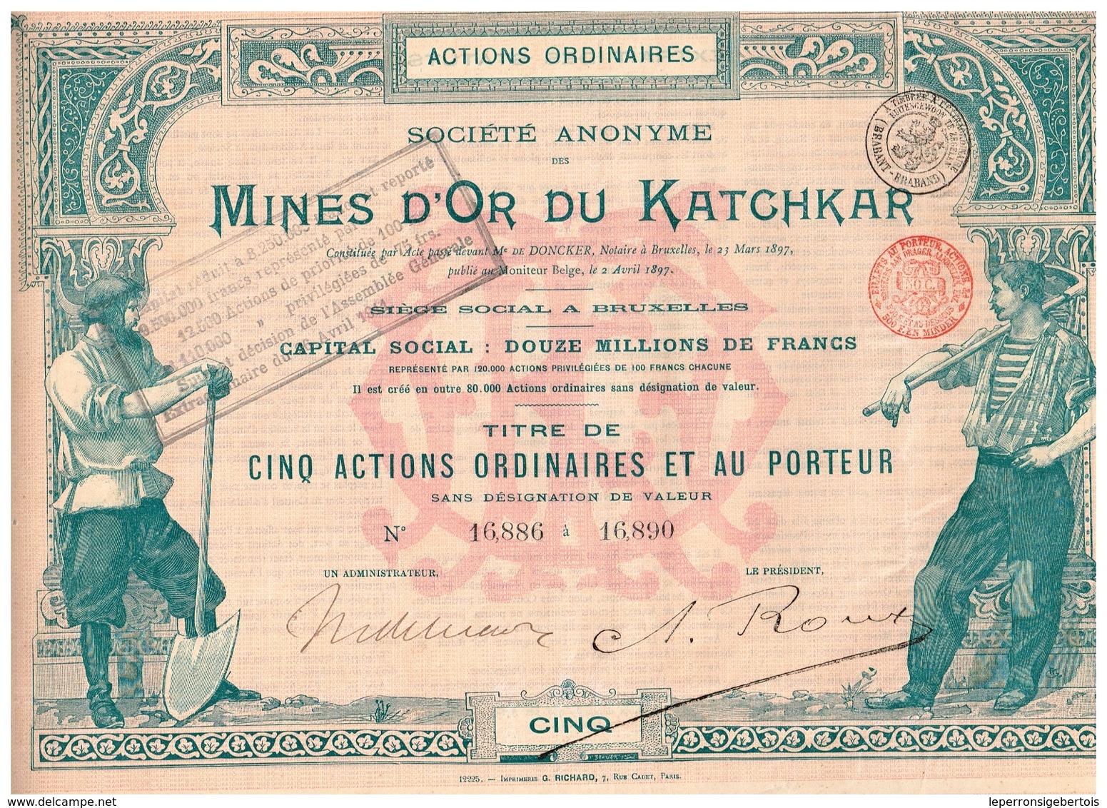 - Titre De 1897- Sté Anonyme Des Mines D' Or Du Katchkar - Déco - Imprimerie G. Richard - Mijnen