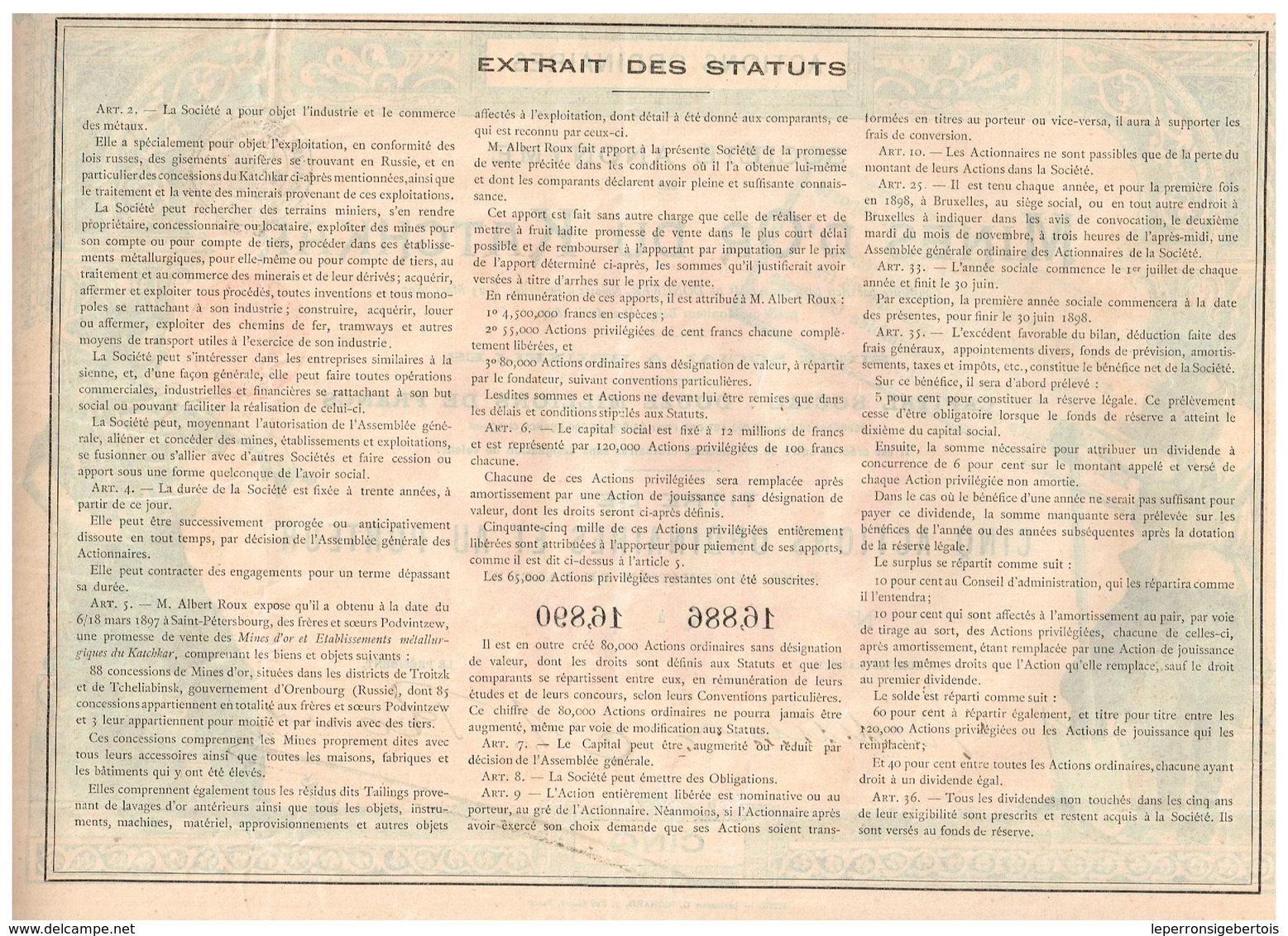 - Titre De 1897- Sté Anonyme Des Mines D' Or Du Katchkar - Déco - Imprimerie G. Richard - Mines