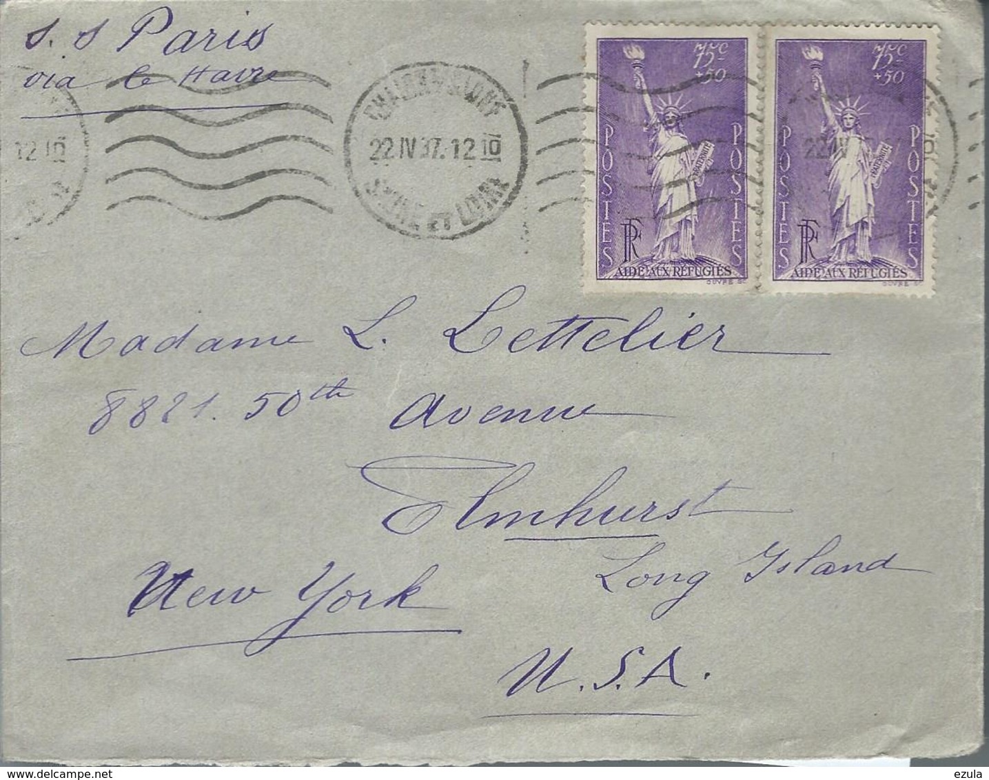 Lettre De France Pour Les U. S. A. Affranchie Avec  Paire N° De 309   Le 22/4/37 - 1921-1960: Période Moderne