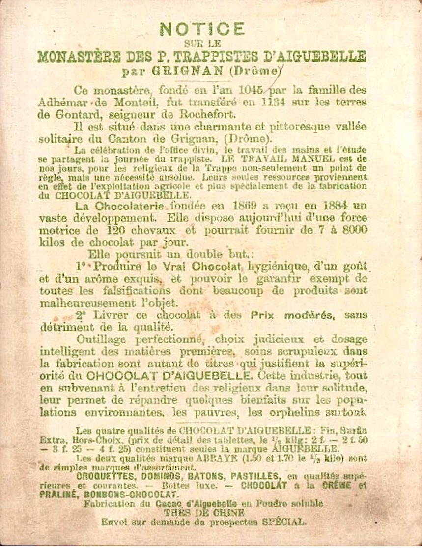 2 Chromos Chocolat Aiguebelle - Notice Monastere Des Peres Trappistes D Aiguebelle - Drome - 10,5x13,6 - Bill-923 - Aiguebelle