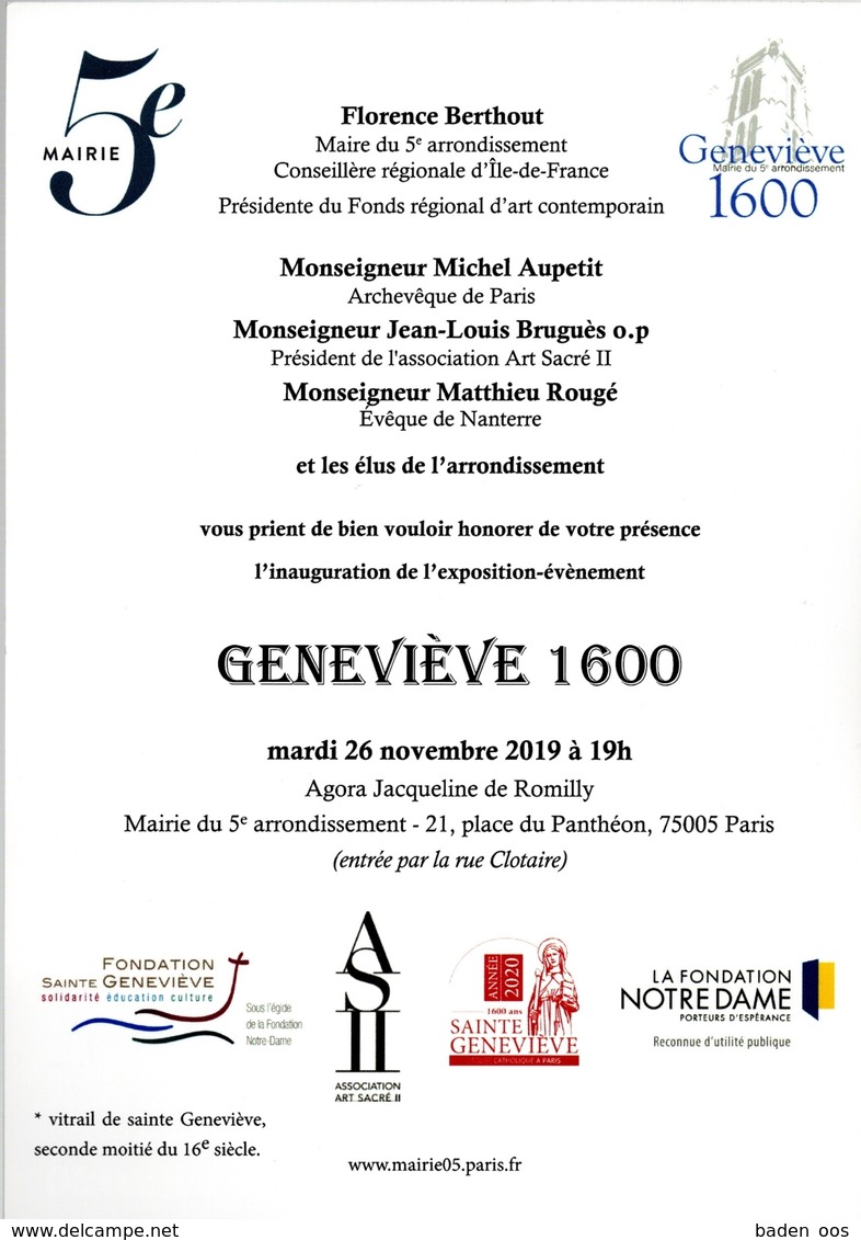 Exposition 16° Centenaire De Sainte-Geneviève - Caron D'Invitation Inauguration - Autres & Non Classés