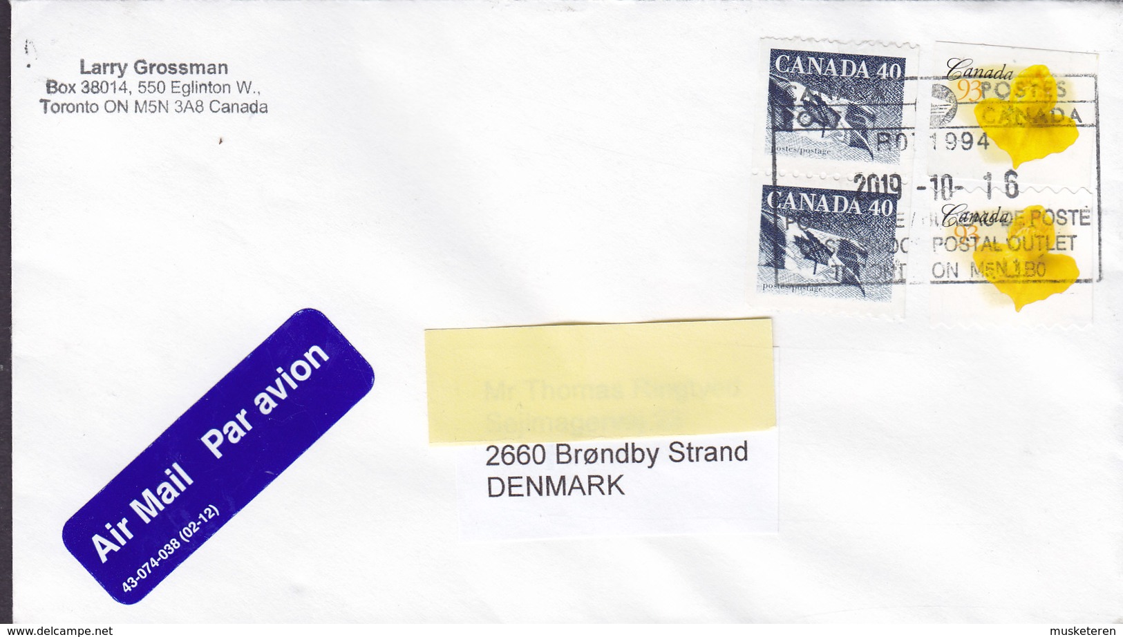 Canada AIR MAIL PAR AVION Label TORONTO Ontario 2019 Cover Brief BRØNDBY STRAND Denmark 2x Flag 2x Flower Stamps - Cartas & Documentos